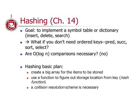 Hashing (Ch. 14) Goal: to implement a symbol table or dictionary (insert, delete, search)  What if you don’t need ordered keys--pred, succ, sort, select?