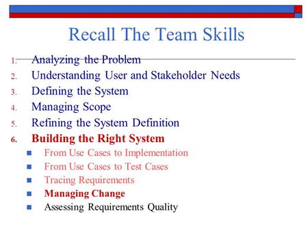 Recall The Team Skills 1. Analyzing the Problem 2. Understanding User and Stakeholder Needs 3. Defining the System 4. Managing Scope 5. Refining the System.