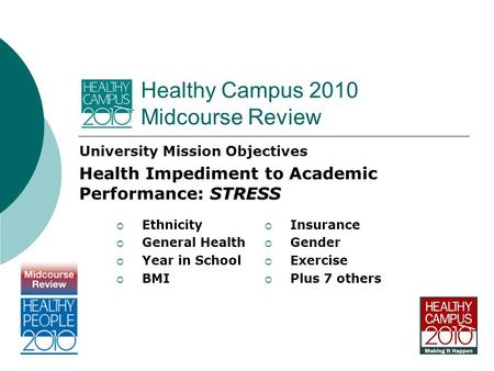 Healthy Campus 2010 Midcourse Review University Mission Objectives STRESS Health Impediment to Academic Performance: STRESS  Insurance  Gender  Exercise.