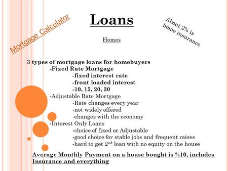 3 types of mortgage loans for homebuyers -Fixed Rate Mortgage -fixed interest rate -front loaded interest -10, 15, 20, 30 -Adjustable Rate Mortgage -Rate.