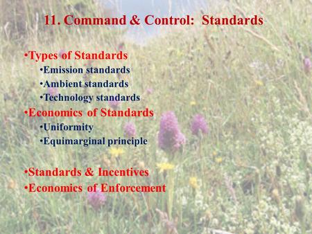 11. Command & Control: Standards Types of Standards Emission standards Ambient standards Technology standards Economics of Standards Uniformity Equimarginal.