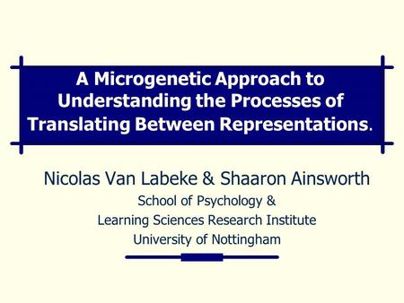 A Microgenetic Approach to Understanding the Processes of Translating Between Representations. Nicolas Van Labeke & Shaaron Ainsworth School of Psychology.
