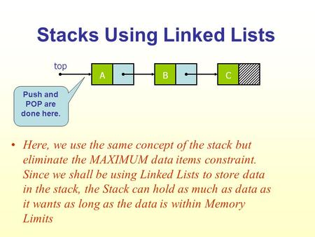 Stacks Using Linked Lists Here, we use the same concept of the stack but eliminate the MAXIMUM data items constraint. Since we shall be using Linked Lists.