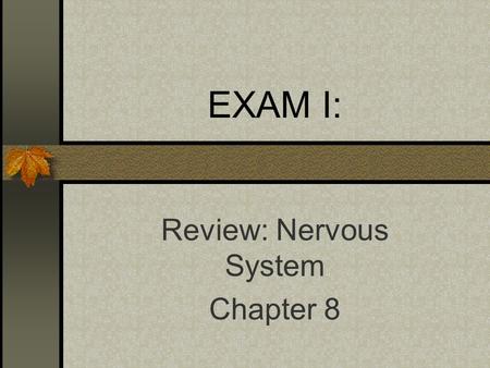 EXAM I: Review: Nervous System Chapter 8. Nervous System and Homeostasis What are the four “elements” for homeostasis? How does the nervous system fit.