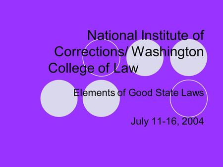 National Institute of Corrections/ Washington College of Law Elements of Good State Laws July 11-16, 2004.