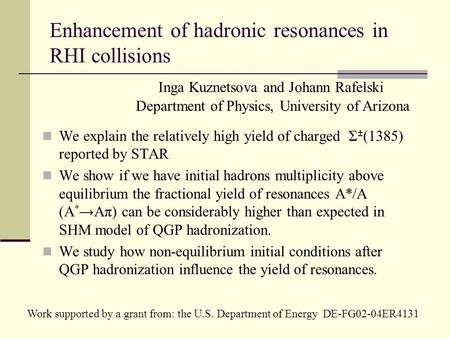 Enhancement of hadronic resonances in RHI collisions We explain the relatively high yield of charged Σ ± (1385) reported by STAR We show if we have initial.