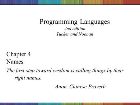 Copyright © 2006 The McGraw-Hill Companies, Inc. Programming Languages 2nd edition Tucker and Noonan Chapter 4 Names The first step toward wisdom is calling.