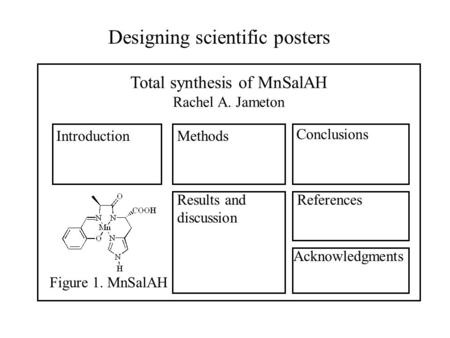 Designing scientific posters Total synthesis of MnSalAH Rachel A. Jameton IntroductionMethods Results and discussion References Conclusions Acknowledgments.