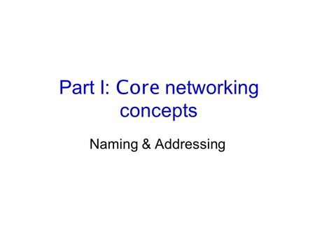 Part I: Core networking concepts Naming & Addressing.