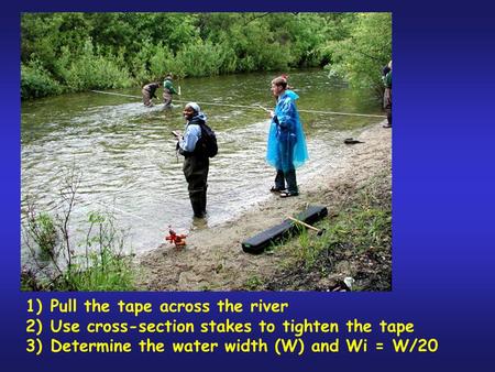 1)Pull the tape across the river 2)Use cross-section stakes to tighten the tape 3)Determine the water width (W) and Wi = W/20.