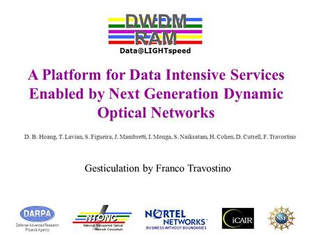 A Platform for Data Intensive Services Enabled by Next Generation Dynamic Optical Networks DWDM RAM DWDM RAM Defense Advanced Research.