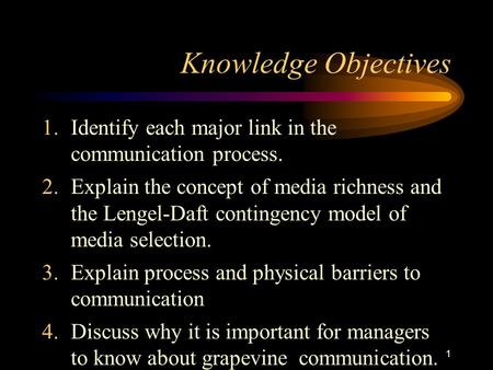 1 Knowledge Objectives 1.Identify each major link in the communication process. 2.Explain the concept of media richness and the Lengel-Daft contingency.