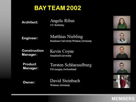 MEMBERS Introduction Architect: Angela Ribas UC Berkeley Engineer: Matthias Niebling Bauhaus-University Weimar, Germany Construction Manager: Kevin Coyne.