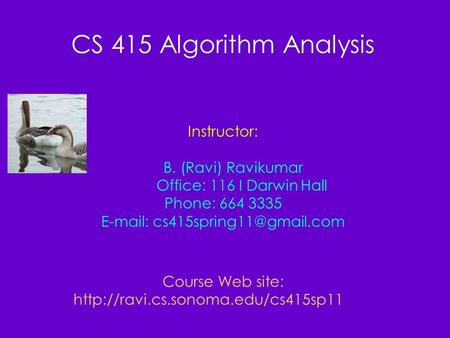 CS 415 Algorithm Analysis Instructor: B. (Ravi) Ravikumar
