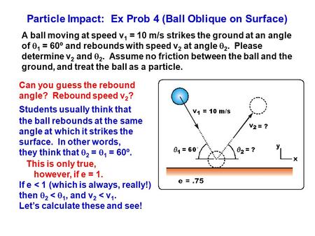 Particle Impact: Ex Prob 4 (Ball Oblique on Surface) A ball moving at speed v 1 = 10 m/s strikes the ground at an angle of  1 = 60º and rebounds with.