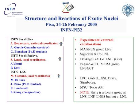 Structure and Reactions of Exotic Nuclei Pisa, 24-26 February 2005 INFN-PI32 INFN Sez di Pisa. A. Bonaccorso, national coordinator. A. Garcia-Camacho.