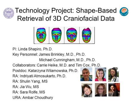Technology Project: Shape-Based Retrieval of 3D Craniofacial Data PI: Linda Shapiro, Ph.D. Key Personnel: James Brinkley, M.D., Ph.D. Michael Cunningham,