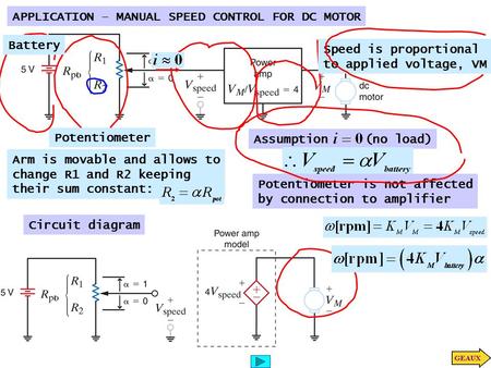 APPLICATION – MANUAL SPEED CONTROL FOR DC MOTOR Speed is proportional to applied voltage, VM Potentiometer Arm is movable and allows to change R1 and R2.