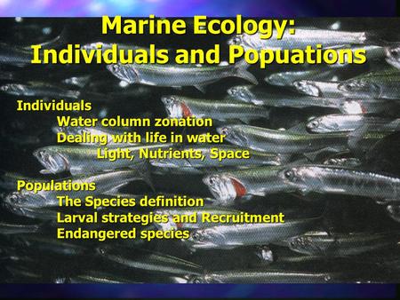 Marine Ecology: Individuals and Popuations Individuals Water column zonation Dealing with life in water Light, Nutrients, Space Populations The Species.