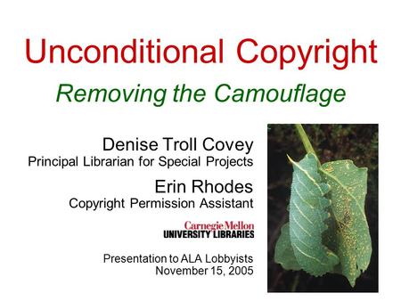 Unconditional Copyright Removing the Camouflage Denise Troll Covey Principal Librarian for Special Projects Erin Rhodes Copyright Permission Assistant.