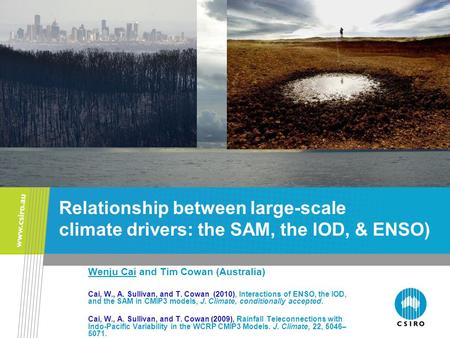Relationship between large-scale climate drivers: the SAM, the IOD, & ENSO) Wenju Cai and Tim Cowan (Australia) Cai, W., A. Sullivan, and T. Cowan (2010),