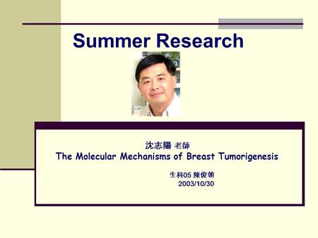 沈志陽 老師 The Molecular Mechanisms of Breast Tumorigenesis 生科 05 陳俊朝 2003/10/30 Summer Research.