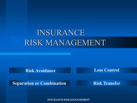 INSURANCE RISK MANAGEMENT INSURANCE RISK MANAGEMENT INSURANCE RISK MANAGEMENT Separation or CombinationRisk Transfer Risk Avoidance Loss Control.