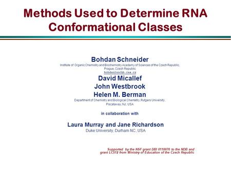 Methods Used to Determine RNA Conformational Classes Bohdan Schneider Institute of Organic Chemistry and Biochemistry Academy of Sciences of the Czech.