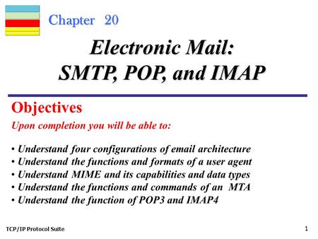 TCP/IP Protocol Suite 1 Chapter 20 Upon completion you will be able to: Electronic Mail: SMTP, POP, and IMAP Understand four configurations of email architecture.
