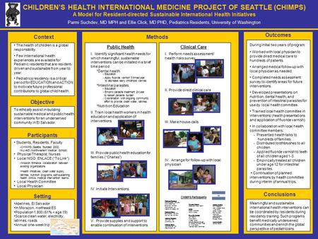 CHILDREN’S HEALTH INTERNATIONAL MEDICINE PROJECT OF SEATTLE (CHIMPS) A Model for Resident-directed Sustainable International Health Initiatives Parmi Suchdev,