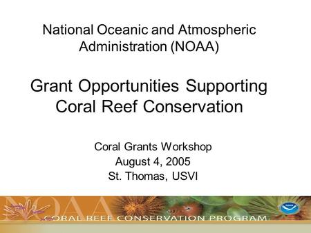 National Oceanic and Atmospheric Administration (NOAA) Grant Opportunities Supporting Coral Reef Conservation Coral Grants Workshop August 4, 2005 St.