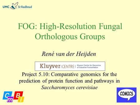 FOG: High-Resolution Fungal Orthologous Groups René van der Heijden Project 5.10: Comparative genomics for the prediction of protein function and pathways.