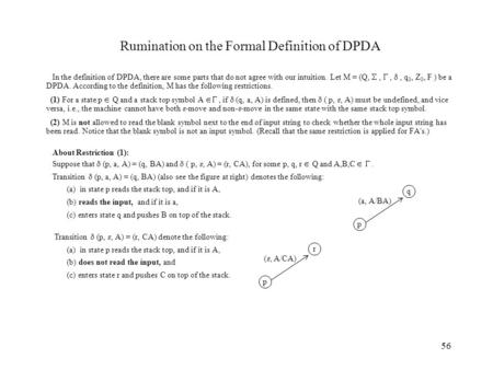 56 Rumination on the Formal Definition of DPDA In the definition of DPDA, there are some parts that do not agree with our intuition. Let M = (Q, , ,