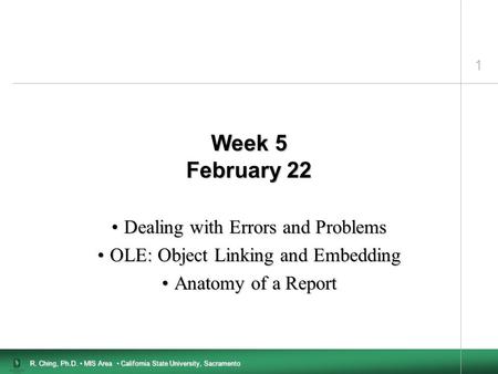 1 R. Ching, Ph.D. MIS Area California State University, Sacramento Week 5 February 22 Dealing with Errors and ProblemsDealing with Errors and Problems.