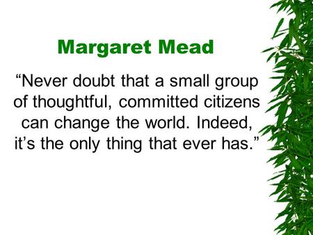 Margaret Mead “Never doubt that a small group of thoughtful, committed citizens can change the world. Indeed, it’s the only thing that ever has.”