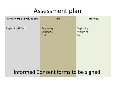 Assessment plan Entrance/Exit EvaluationsIDIInterview Beginning & EndBeginning Midpoint End Beginning Midpoint End Informed Consent forms to be signed.