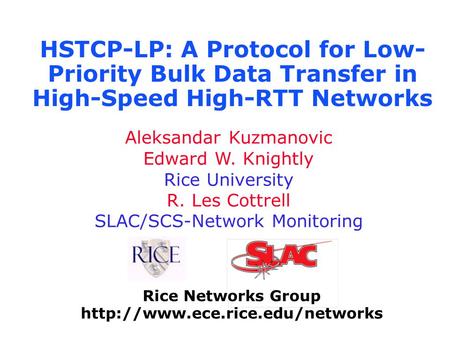 Rice Networks Group  Aleksandar Kuzmanovic Edward W. Knightly Rice University R. Les Cottrell SLAC/SCS-Network Monitoring.