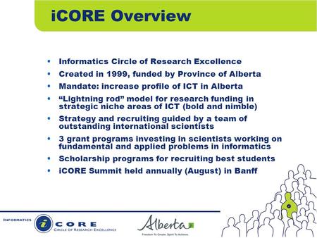 ICORE Overview Informatics Circle of Research Excellence Created in 1999, funded by Province of Alberta Mandate: increase profile of ICT in Alberta “Lightning.