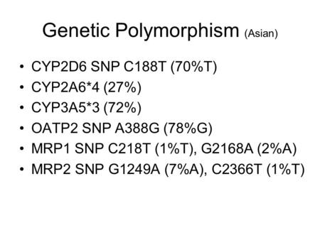 Genetic Polymorphism (Asian) CYP2D6 SNP C188T (70%T) CYP2A6*4 (27%) CYP3A5*3 (72%) OATP2 SNP A388G (78%G) MRP1 SNP C218T (1%T), G2168A (2%A) MRP2 SNP G1249A.