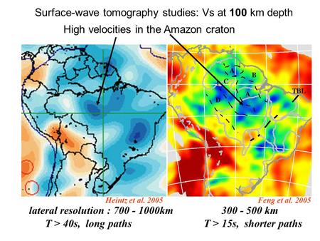 Heintz et al. 2005 lateral resolution : 700 - 1000km 300 - 500 km T > 40s, long paths T > 15s, shorter paths Surface-wave tomography studies: Vs at 100.