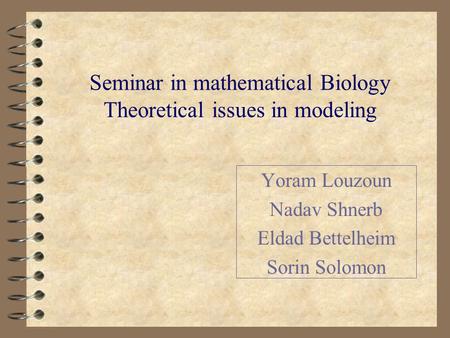 Seminar in mathematical Biology Theoretical issues in modeling Yoram Louzoun Nadav Shnerb Eldad Bettelheim Sorin Solomon.