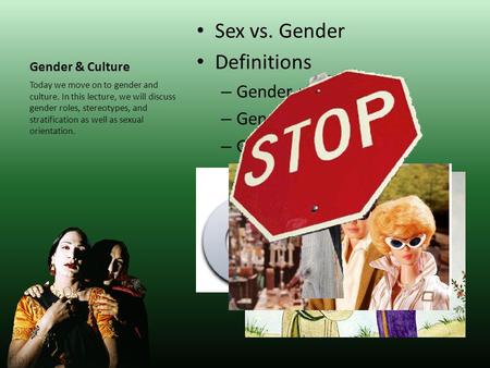 Gender & Culture Sex vs. Gender Definitions – Gender roles – Gender stereotypes – Gender stratification Today we move on to gender and culture. In this.
