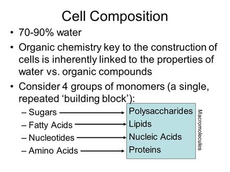 Cell Composition 70-90% water Organic chemistry key to the construction of cells is inherently linked to the properties of water vs. organic compounds.