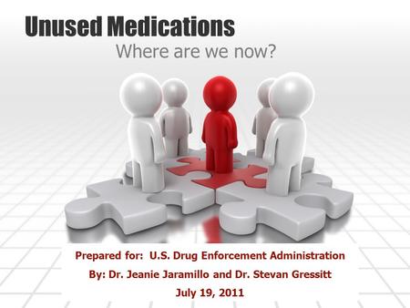 Unused Medications Where are we now? Prepared for: U.S. Drug Enforcement Administration By: Dr. Jeanie Jaramillo and Dr. Stevan Gressitt July 19, 2011.