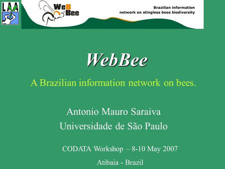 WebBee A Brazilian information network on bees. Antonio Mauro Saraiva Universidade de São Paulo CODATA Workshop – 8-10 May 2007 Atibaia - Brazil.