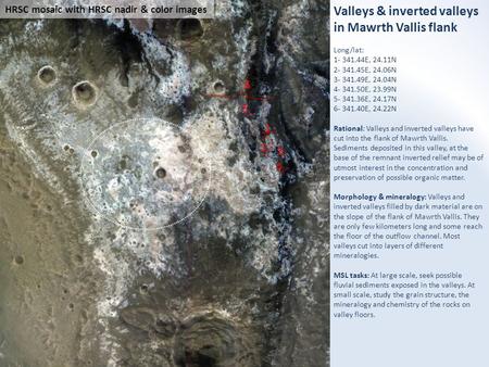 Valleys & inverted valleys in Mawrth Vallis flank Long/lat: 1- 341.44E, 24.11N 2- 341.45E, 24.06N 3- 341.49E, 24.04N 4- 341.50E, 23.99N 5- 341.36E, 24.17N.