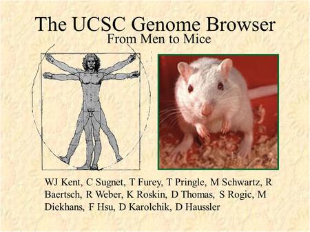 The UCSC Genome Browser From Men to Mice WJ Kent, C Sugnet, T Furey, T Pringle, M Schwartz, R Baertsch, R Weber, K Roskin, D Thomas, S Rogic, M Diekhans,
