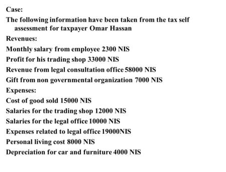 Case: The following information have been taken from the tax self assessment for taxpayer Omar Hassan Revenues: Monthly salary from employee 2300 NIS Profit.