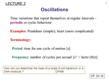 1 Oscillations Time variations that repeat themselves at regular intervals - periodic or cyclic behaviour Examples: Pendulum (simple); heart (more complicated)