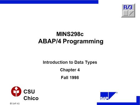  SAP AG CSU Chico MINS298c ABAP/4 Programming Introduction to Data Types Chapter 4 Fall 1998.